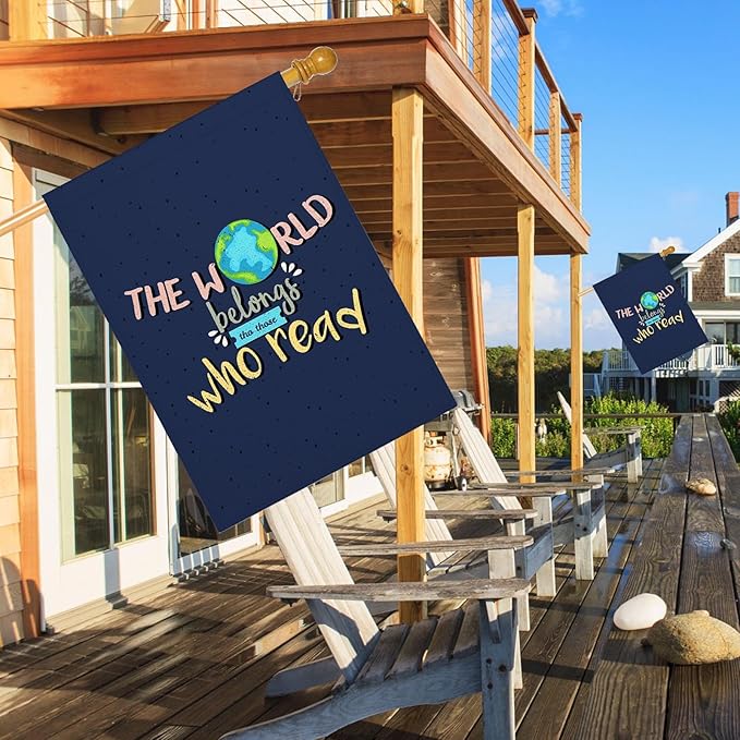 Mugod The World Belongs Who Read House Flag Double Sided 28 x 40, Knowledge Motivational Quote Word Navy Blue Burlap Large Flag House Seasonal Farmhouse Outside Outdoor Decoration