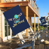 Mugod The World Belongs Who Read House Flag Double Sided 28 x 40, Knowledge Motivational Quote Word Navy Blue Burlap Large Flag House Seasonal Farmhouse Outside Outdoor Decoration
