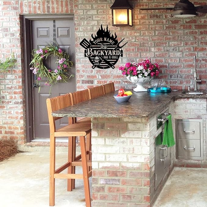 MeMate Backyard Sign and Decor Outdoor, Customized Backyard Bar and Grill Metal Sign, Personalized Outdoor Metal Signs, Large Plaque Wall Hanging Art for Patio, Men Caves, Restaurants