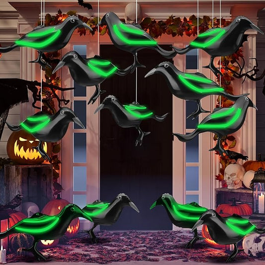 Ripeng 12 Pcs 11.5'' Halloween Inflatable Outdoor Decoration Large Halloween Crow Inflatable Hanging Ornament Realistic PVC Glow in The Dark Black Blow up Crow for Outside Indoor Yard Tree Party Decor
