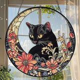 Black Cat Stained Glass Suncatcher, Cat Floral Window Hanging Decor, Memorial Pet Loss Sympathy Ornament, Home Garden Decor, Christmas, Birthday, for Grandma, Friends, Mom, Women