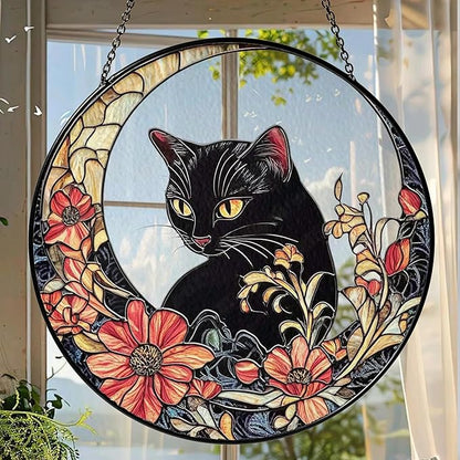 Black Cat Stained Glass Suncatcher, Cat Floral Window Hanging Decor, Memorial Pet Loss Sympathy Ornament, Home Garden Decor, Christmas, Birthday, for Grandma, Friends, Mom, Women