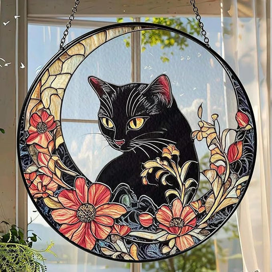 Black Cat Stained Glass Suncatcher, Cat Floral Window Hanging Decor, Memorial Pet Loss Sympathy Ornament, Home Garden Decor, Christmas, Birthday, for Grandma, Friends, Mom, Women