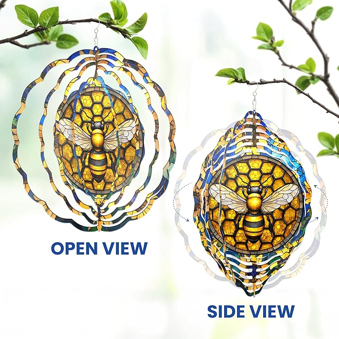 FLAGWIX Bee Wind Spinners Outdoor - 3D Stainless Steel Metal Wind Spinners 12 in - Bee Gifts Decorations for Home, House Outdoor Garden Decor for Outside, Garden Gifts for Women