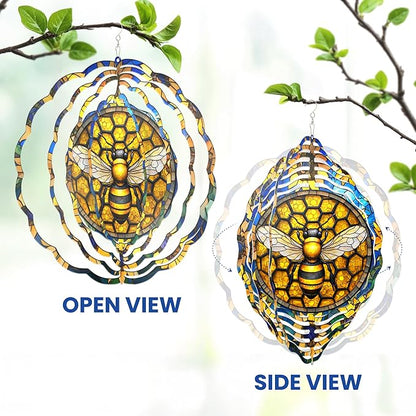 FLAGWIX Bee Wind Spinners Outdoor - 3D Stainless Steel Metal Wind Spinners 12 in - Bee Gifts Decorations for Home, House Outdoor Garden Decor for Outside, Garden Gifts for Women