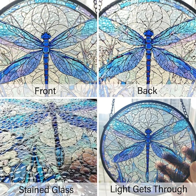 Dragonfly Decor Suncatcher Stained Glass Window Hanging - Handmade Dragonflies Suncatchers for Windows Hanging - Home Garden Sun Catchers Ornament Panel - Mothers Day Birthday Gift for Mom Grandma