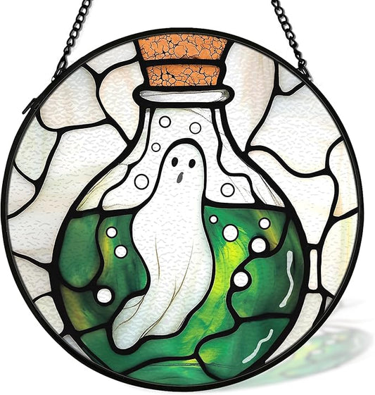 Halloween Ghost Witchy Suncatcher Stained Glass Window Hanging Decor, Whimsical Spooky Stained Glass Wall Decor, Gothic Lawn Garden Sun Catchers Indoor Window Hanging Wall Art, 7.9x7.9In