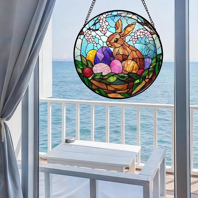 CHATYOUNG Stained Glass Window Hanging Rabbit Easter Egg 7.8" - Colorful Suncatcher Door Garden Home Decor and Christmas Mother's Day Birthday Easters Gift for Grandma Mom Women Wife Friend