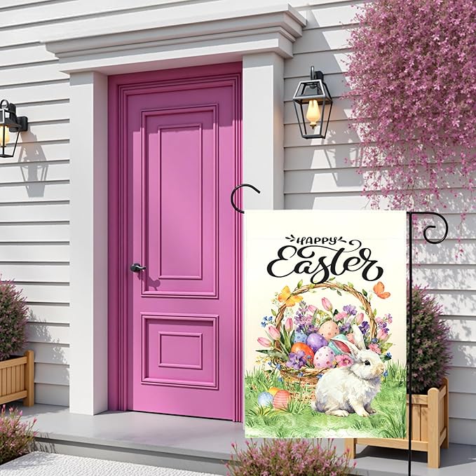 Happy Easter Garden Flag with Bunny Basket Spring Tulips Wildflowers Eggs Cute Rabbit Yard Flags Double Sided Welcome Spring Easter Houde Banner for Porch Lawn Patio Holiday Décor 12 x 18 In