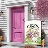 Happy Easter Garden Flag with Bunny Basket Spring Tulips Wildflowers Eggs Cute Rabbit Yard Flags Double Sided Welcome Spring Easter Houde Banner for Porch Lawn Patio Holiday Décor 12 x 18 In