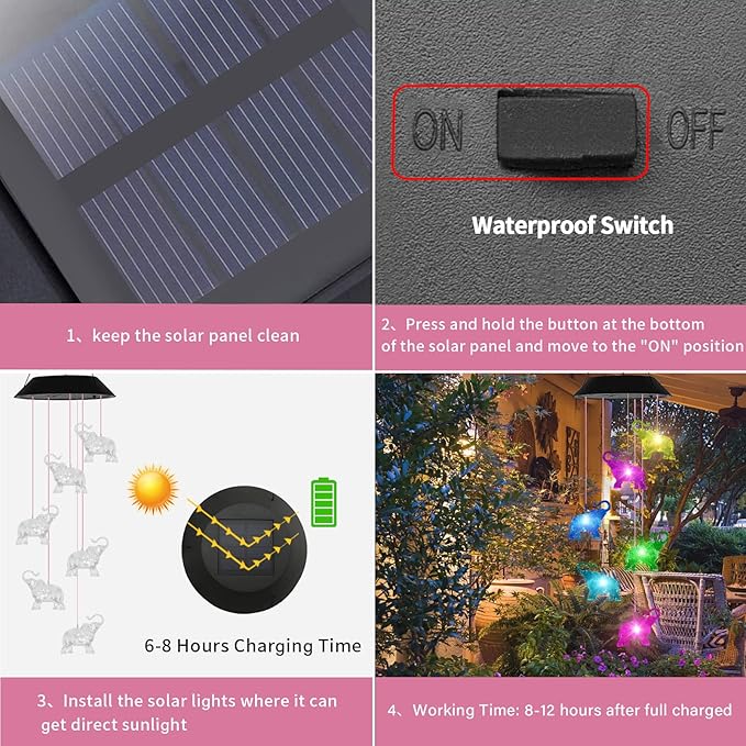 Elephant Solar Wind Chimes for Outside, Birthday Gifts for Mom Grandma, Waterproof LED Solar Powered Memorial Wind Chimes with 7 Color Changing for Garden Outdoor Yard Lawn Decor