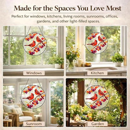 Cardinal Suncatcher Window Hanging, 7.8" Stained Glass Decor, Meaningful for Mom, Grandma, Family and Friends, Red Cardinal Window Decor for Kitchen, Sunroom and Garden