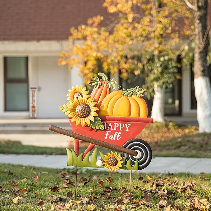 Glitzhome 30" H Fall Metal Wheel Barrow Pumpkin Yard Stake/Hanging Wall Decor,Pumpkin Wagon Cart with Happy Fall Signs,Fall Harvest Porch Decorations for Thanksgiving Autumn Halloween Party Supplies