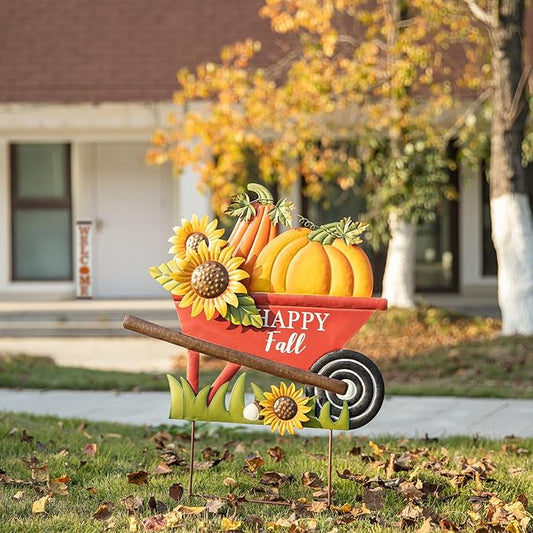 Glitzhome 30" H Fall Metal Wheel Barrow Pumpkin Yard Stake/Hanging Wall Decor,Pumpkin Wagon Cart with Happy Fall Signs,Fall Harvest Porch Decorations for Thanksgiving Autumn Halloween Party Supplies