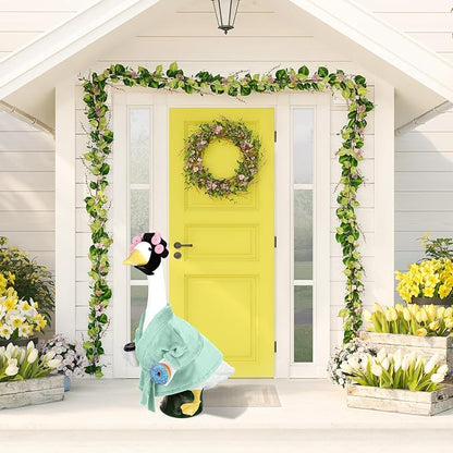 Porch Goose Outfits for 23 Inch Lawn Goose Statue, Green Bathrobe Clothes with Hair Curlers, Coffee Cup & Donut Accessories for Funny Spa Yard Garden Patio Decor