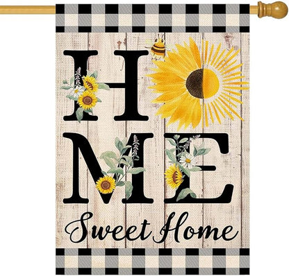 ORTIGIA Summer Sunflower House Flag Burlap Vertical Double Sided 28 x 40 Inch Home Sweet Home Spring Floral Flower Large House Flag Buffalo Check Plaid Home Front Yard Patio Outside Outdoor Decor