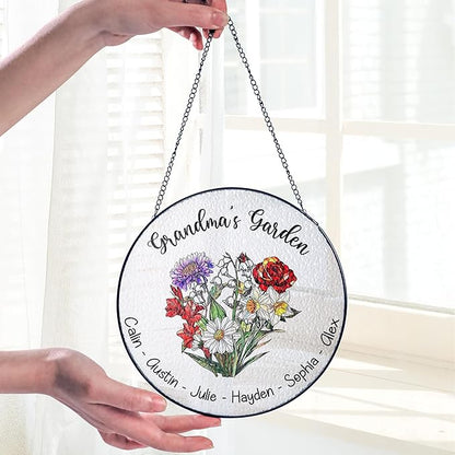 Personalized Grandma’s Garden Stained Glass Window Hanging Ornament, Custom Birth Month Flowers with Kids’ Names, Grandma Love Grows Here Floral Art Decoration, for Mom Grandma/3