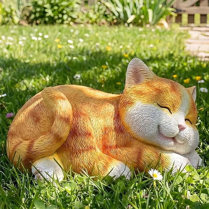 Sleeping Orange Tabby Garden Statue - Resin Realistic Mini Cat Sculpture, Pet Loss Memorial Stone, for Cat Lovers, Indoor/Outdoor Decor, Animal Figurine for Yard Ornaments