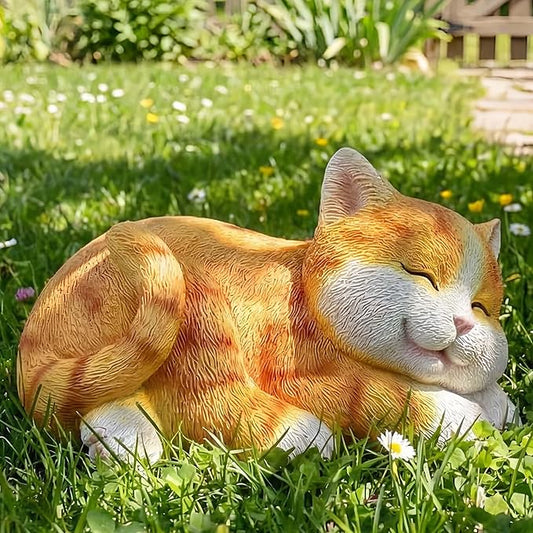Sleeping Orange Tabby Garden Statue - Resin Realistic Mini Cat Sculpture, Pet Loss Memorial Stone, for Cat Lovers, Indoor/Outdoor Decor, Animal Figurine for Yard Ornaments