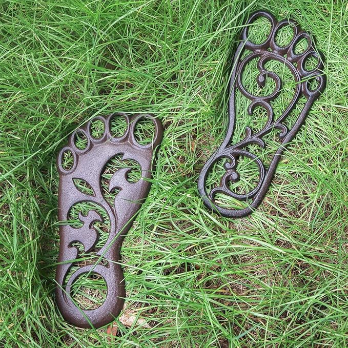 Sungmor Heavy Duty Cast Iron Stepping Mats for Front Door, 2PC 11.8 Inch Long Sturdy Metal Left & Right Footprint Stepping Stone, Retro Elegant Decorative Mat for Garden Lawn Panel Walkway Landscaping