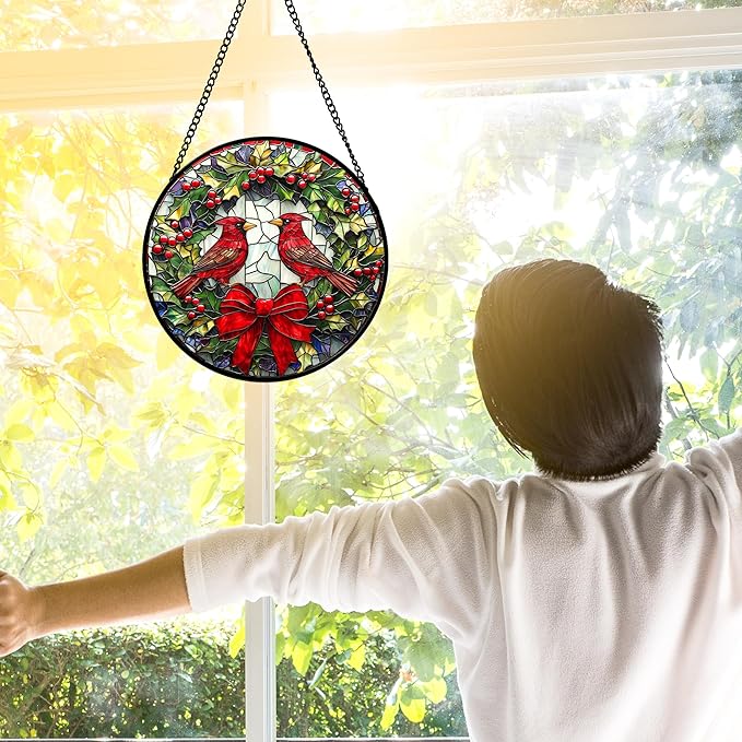 DASTOLL Stained Glass Window Hanging - Cardinals Green Wreath Suncatcher for Doors Home Christmas Decoration Red Bird Sun Catcher Thanksgiving New Year Birthday Gift for Women Men Mom Nana 6.3 in