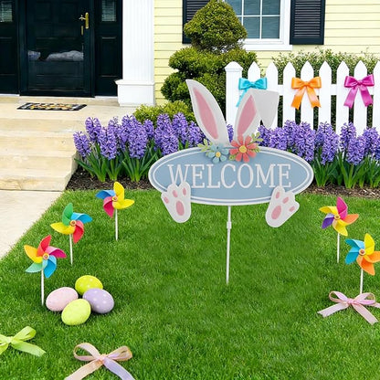 Easter Decorations Outdoor Metal Welcome Bunny Decorative Garden Stakes Easter Decor Outdoor 3D Spring Yard Decor Farmhouse Rabbit for Home Outside Lawn Front Porch Happy Easter Yard Sign