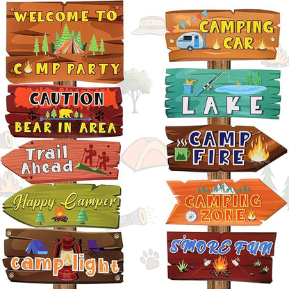 20 Pack Camping Themed Party Decorations Camping Party Directional Signs for Summer Camp Decor Welcome to Camp Birthday Supplies Classroom Wall Door Porch Yard Sign Photo Props Backdrop Supplies