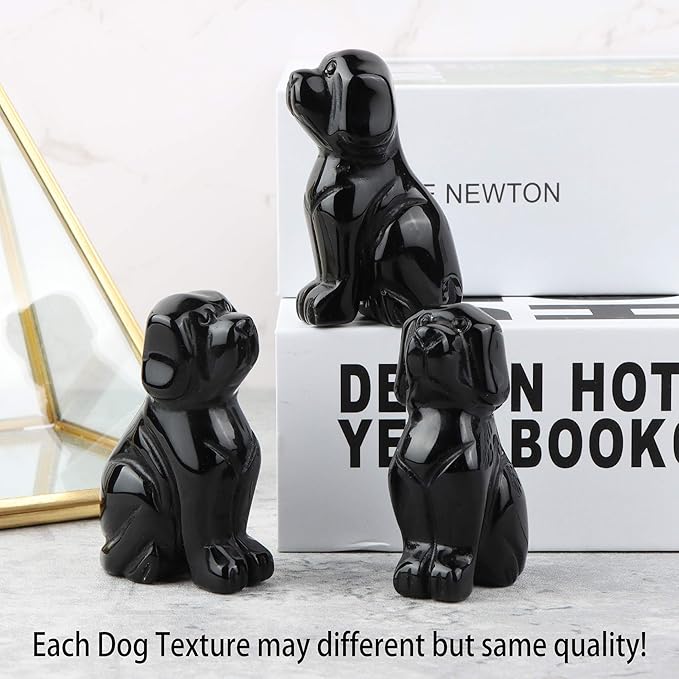 SMQ 2" Black Obsidian Crystal Dog Figurines Statue Hand Carved Gemstone Puppy Dog Decor Sculpture Reiki Healing Stones Ornament for Outdoor Home Office Decoration(Gift Box)