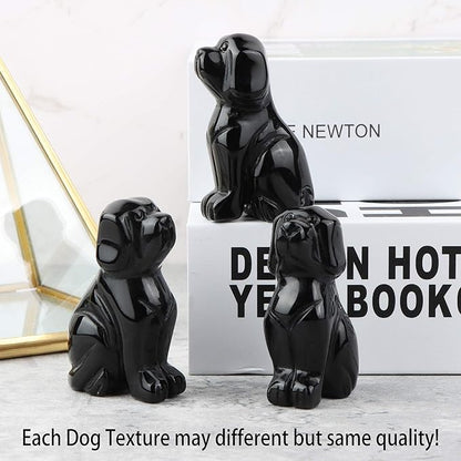 SMQ 2" Black Obsidian Crystal Dog Figurines Statue Hand Carved Gemstone Puppy Dog Decor Sculpture Reiki Healing Stones Ornament for Outdoor Home Office Decoration(Gift Box)
