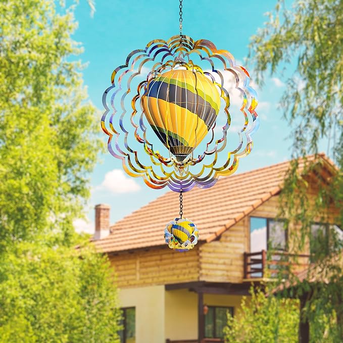 J-Fly Hanging Decor Outdoor,Outdoor Garden Decor，Wind Spinners Outdoor Colorful Hot Air Balloon Hanging Decor,Ornaments Kinetic Yard Art, Valentine Gifts for Women-Yellowish Gray Hot Air Balloon
