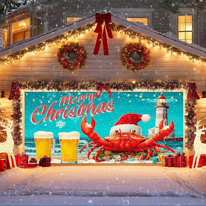IVN Christmas Garage Door Banner 13x6 ft Merry Christmas Garage Door Cover Santa Crab Lighthouse Winter Coastal Home Door Front Yard Decor for Xmas Eve Holiday Outdoor