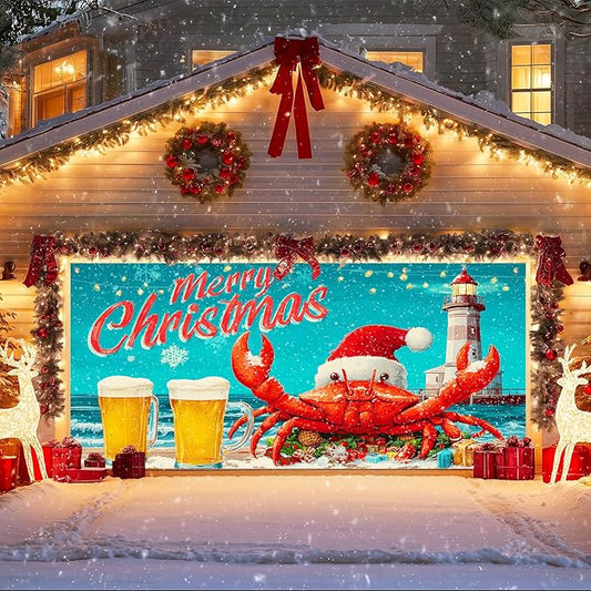 IVN Christmas Garage Door Banner 13x6 ft Merry Christmas Garage Door Cover Santa Crab Lighthouse Winter Coastal Home Door Front Yard Decor for Xmas Eve Holiday Outdoor