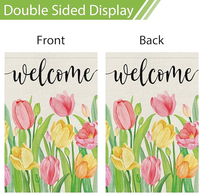 Heyfibro Welcome Spring Summer Garden Flag 12 x 18 Inch Vertical Double Sided Burlap, Tulip Flower Floral Garden Flags for Seasonal Holiday Farmhouse Yard Outdoor Decor(ONLY FLAG)