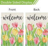 Heyfibro Welcome Spring Summer Garden Flag 12 x 18 Inch Vertical Double Sided Burlap, Tulip Flower Floral Garden Flags for Seasonal Holiday Farmhouse Yard Outdoor Decor(ONLY FLAG)