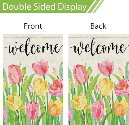 Heyfibro Welcome Spring Summer Garden Flag 12 x 18 Inch Vertical Double Sided Burlap, Tulip Flower Floral Garden Flags for Seasonal Holiday Farmhouse Yard Outdoor Decor(ONLY FLAG)