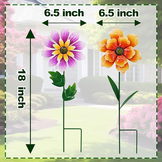 2 Pack Metal Flower Wind Spinners, Outdoor Garden Stakes with Stable H-Base, Kinetic 3D Floral Windmills for Yard, Lawn, and Pathway Decor (Orange & Purple)