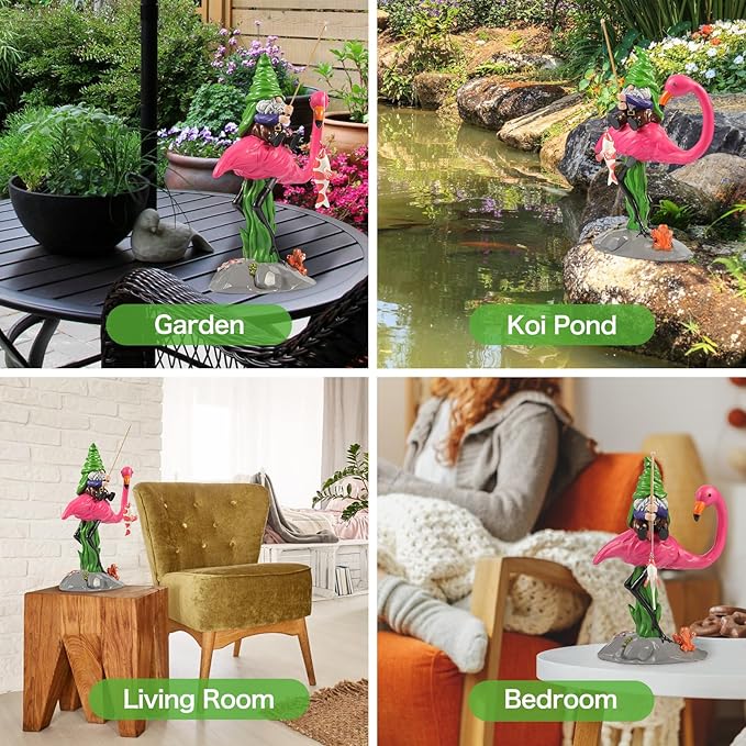 Garden Gnomes Outdoor Decor,Outdoor Statues,Funny Gnome on Flamingo with Fish on Fishing Rod,Large Decorations for Yard,Ideal Gifts for Women,Garden Gnomes Outdoor