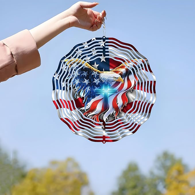 American Flag Wind Spinner 12 Inch - 3D Patriotic Eagle & Christian Cross Outdoor Decor, Stainless Steel Hanging Yard Spinner, Gift for 4th of July, Veterans, Mom, Dad, Home & Garden