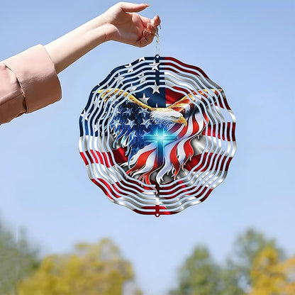 American Flag Wind Spinner 12 Inch - 3D Patriotic Eagle & Christian Cross Outdoor Decor, Stainless Steel Hanging Yard Spinner, Gift for 4th of July, Veterans, Mom, Dad, Home & Garden