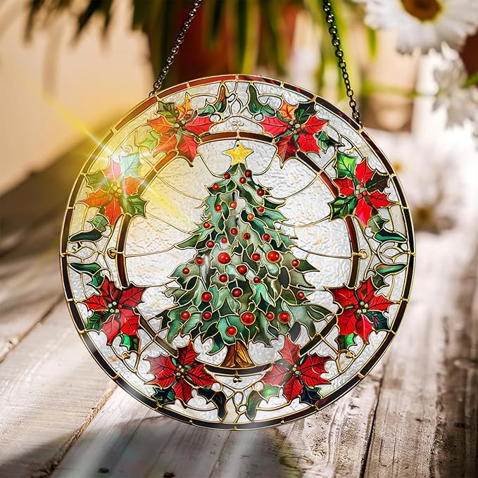 Bimkole Christmas Tree Stained Glass Suncatcher Window Hanging - Leaves Indoor Window or Doorway Decoration - Handmade Sun Catcher Decor for Garden Home Christmas & Birthday Gifts 7.87x7.87 inch