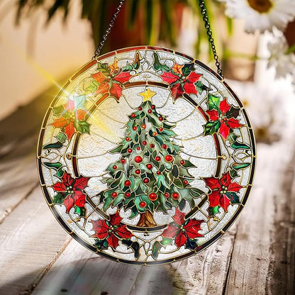 Bimkole Christmas Tree Stained Glass Suncatcher Window Hanging - Leaves Indoor Window or Doorway Decoration - Handmade Sun Catcher Decor for Garden Home Christmas & Birthday Gifts 7.87x7.87 inch