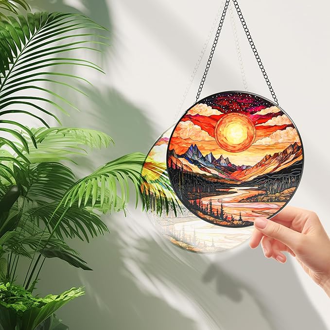 Stained Glass Window Hanging, Mountain River and Sun Suncatcher for Door Terrace Garden Kitchen Home Decor, Scenery Sun Catchers for Christmas Mother's Day Valentine's Day Gift for Women Mom 7.8 in
