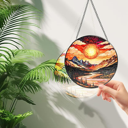 Stained Glass Window Hanging, Mountain River and Sun Suncatcher for Door Terrace Garden Kitchen Home Decor, Scenery Sun Catchers for Christmas Mother's Day Valentine's Day Gift for Women Mom 9.8 in