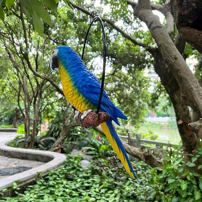 Hanging Parrot Macaw Sculpture Ring Perch Indoor/Outdoor Statue for Patio Home Garden, Medium 15 Inch Tall