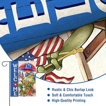 Artofy Welcome 4th of July Frog Small Decorative Garden Flag, Patriotic Beach Chair Sunshade America Yard Lawn Outside Decor, Coastal American USA Burlap Outdoor Home Decoration Double Sided 12 x 18