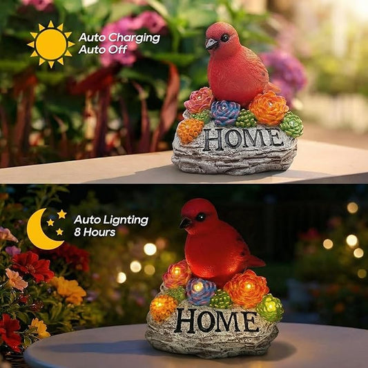 DECOUE Solar Garden Statue with Bird & “Home” Sign, Solar Bird Light Outdoor Decor with Warm LED Glow, Garden Decor for Outside Yard Patio Walkway, Decorative Garden Statue with Succulent Accents