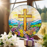 8 Inch Cross Wildflower Stained Glass Suncatcher, Christian Stained Glass Window Hanging, Religious Cross Sun Catcher, Easter Suncatcher Decor, Religious Gifts, Christian Gifts, Easter Gift