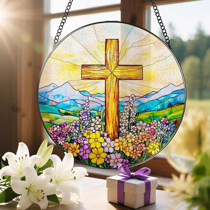 8 Inch Cross Wildflower Stained Glass Suncatcher, Christian Stained Glass Window Hanging, Religious Cross Sun Catcher, Easter Suncatcher Decor, Religious Gifts, Christian Gifts, Easter Gift