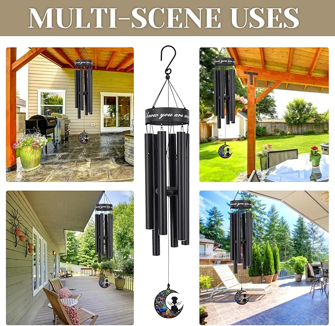 35" Pet Memorial Wind Chime, Pet Sympathy Gift for Loss of Dog, Dog Memorial Wind Chime with Stained Moon, Hand Tuned Aluminum Wind Chimes for Outdoor Garden Porch Remembrance Decor, Black