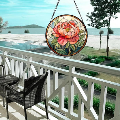 Stained Glass Window Hanging - Pink Peony Floral Suncatcher for Door Garden Yard Birth Flower Sun Catchers Decor Christmas Mother's Day Birthday Gifts for Women Mom Nana Wife Teacher 11.8 in